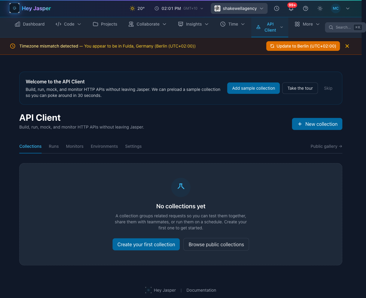 Jasper API Client workspace with collections sidebar, environments dropdown, and request tabs