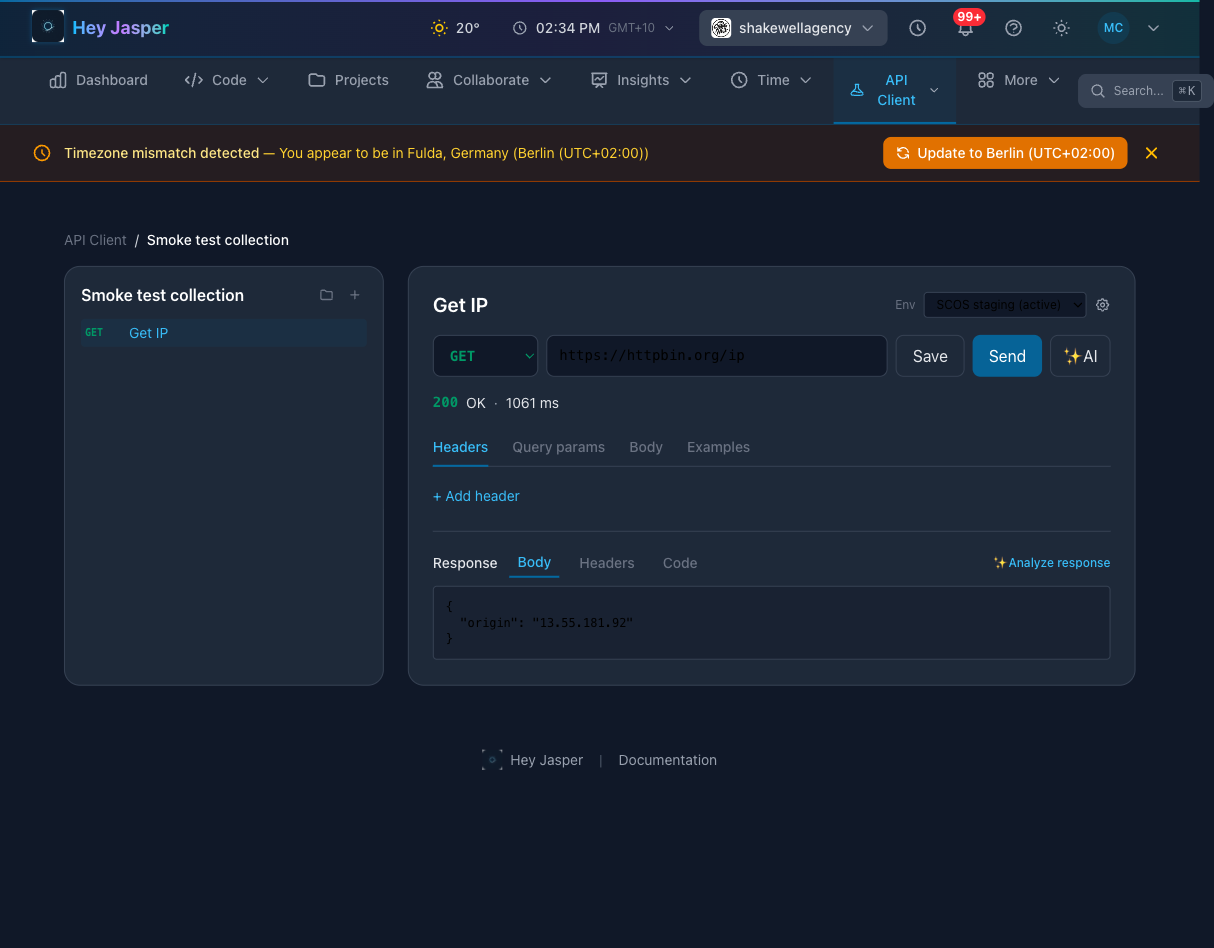 Request editor with method, URL, headers tabs, and a Send button