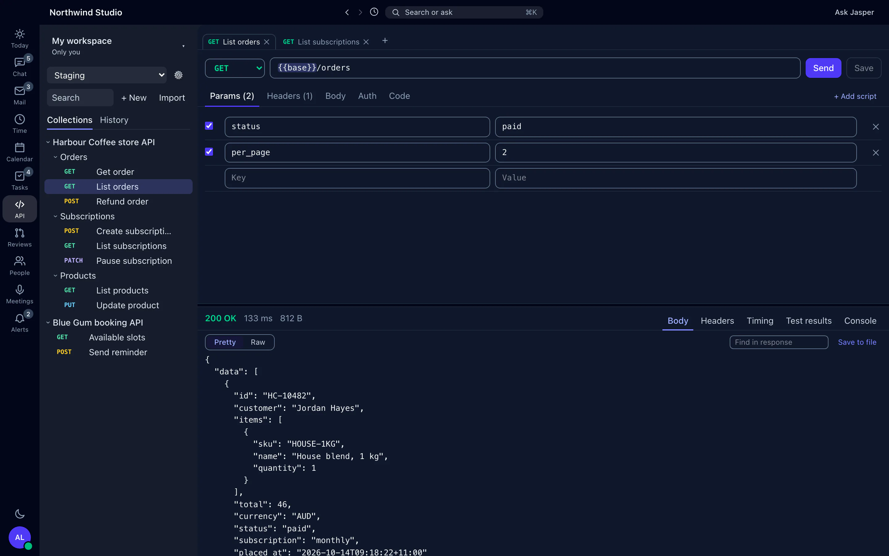 The Jasper API client in the desktop app: a collection, a request with query parameters and its JSON response