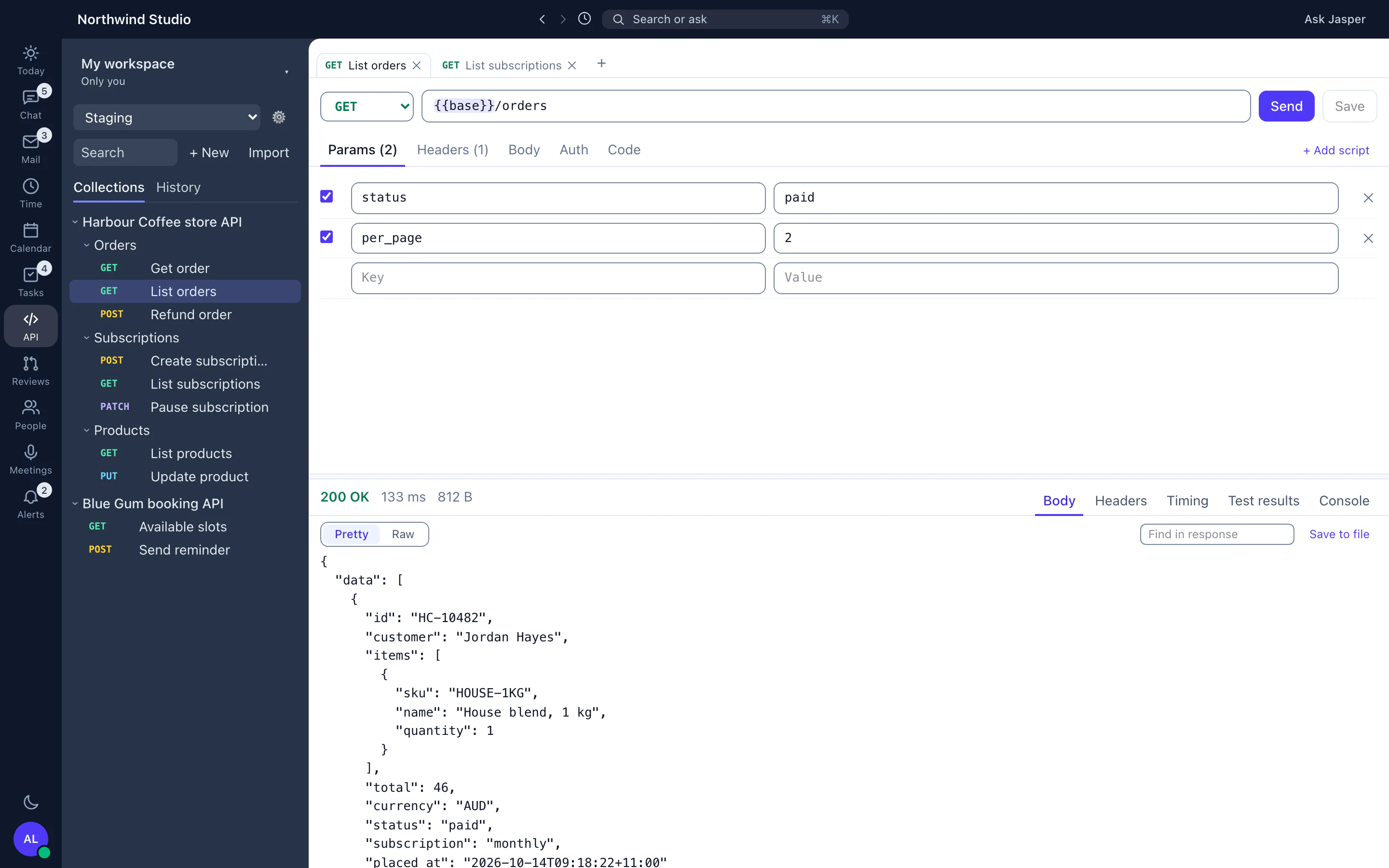 The Jasper API client in the desktop app: a collection, a request with query parameters and its JSON response