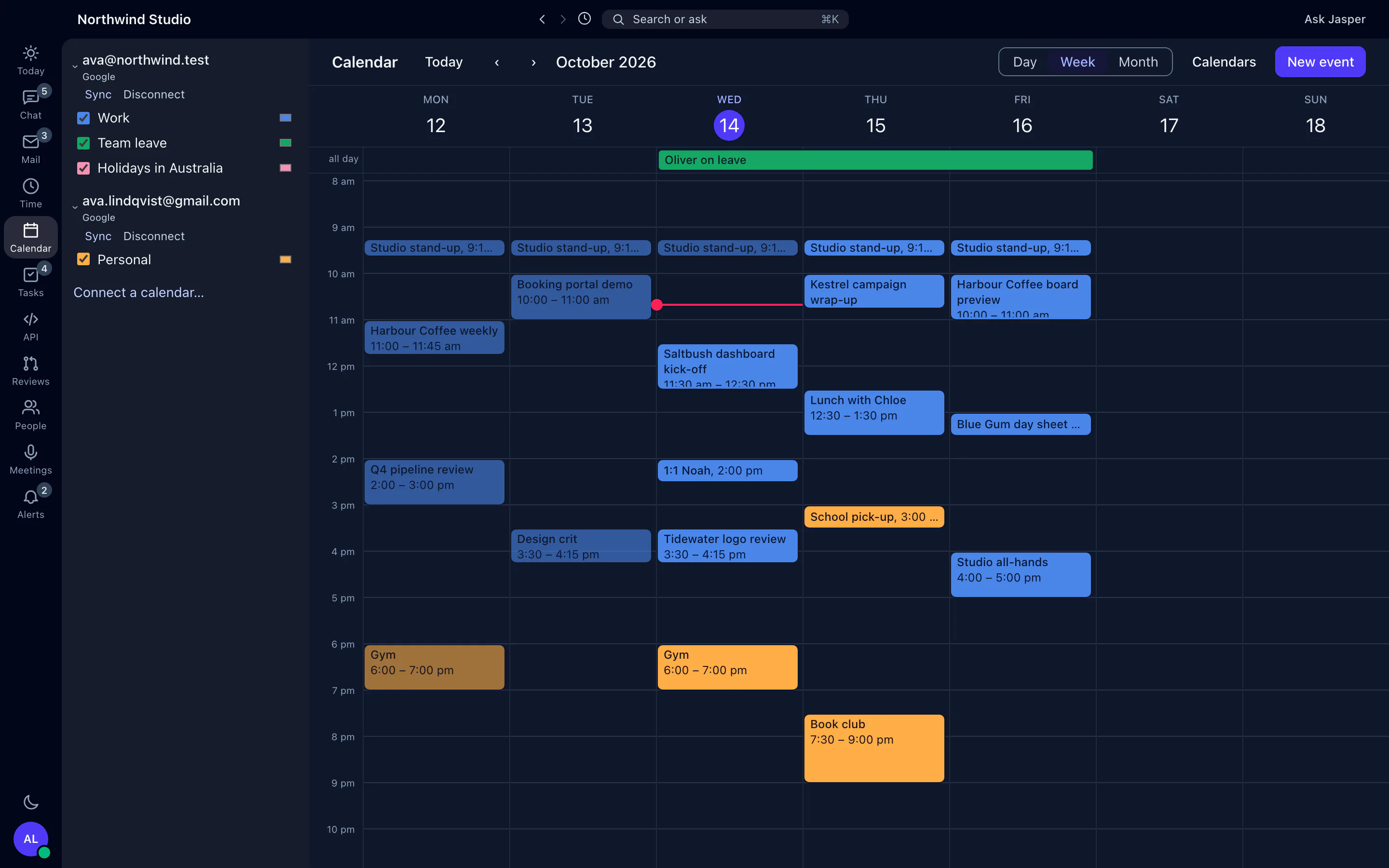 Jasper Calendar week view with a work and a personal Google calendar, team leave and client meetings