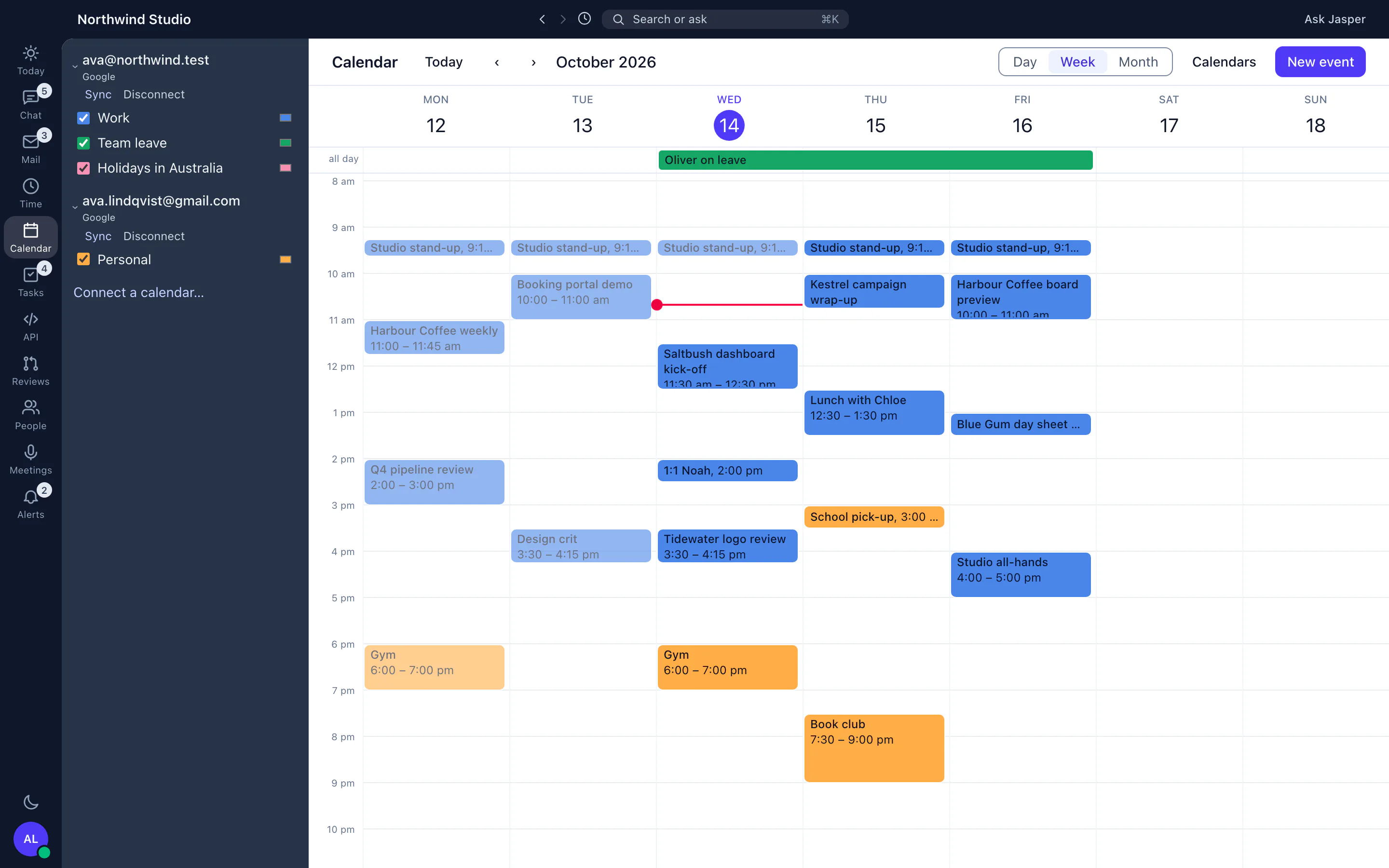 Jasper Calendar week view with a work and a personal Google calendar, team leave and client meetings