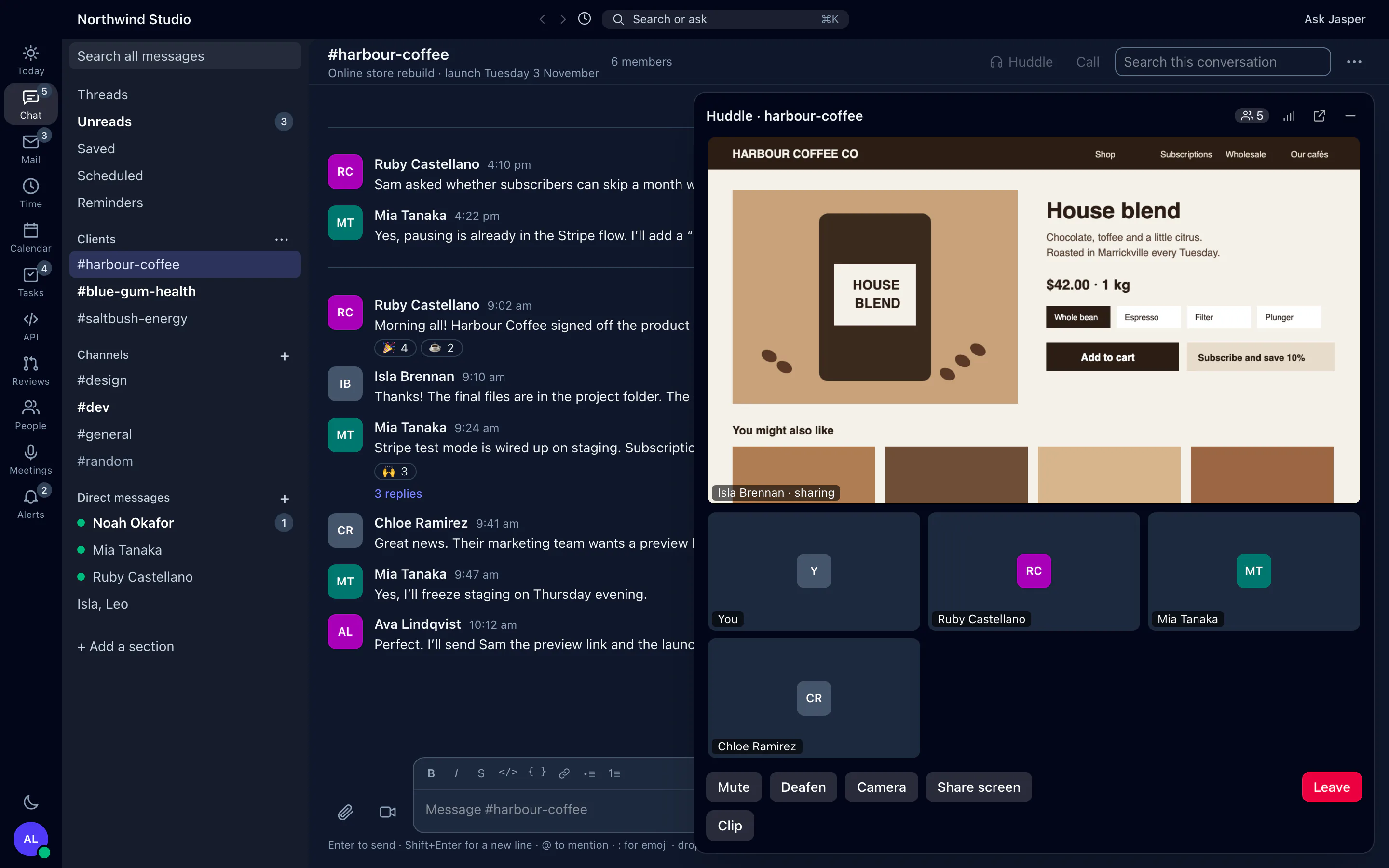 Jasper Chat in the desktop app: a client channel with a huddle in progress, one person sharing their screen