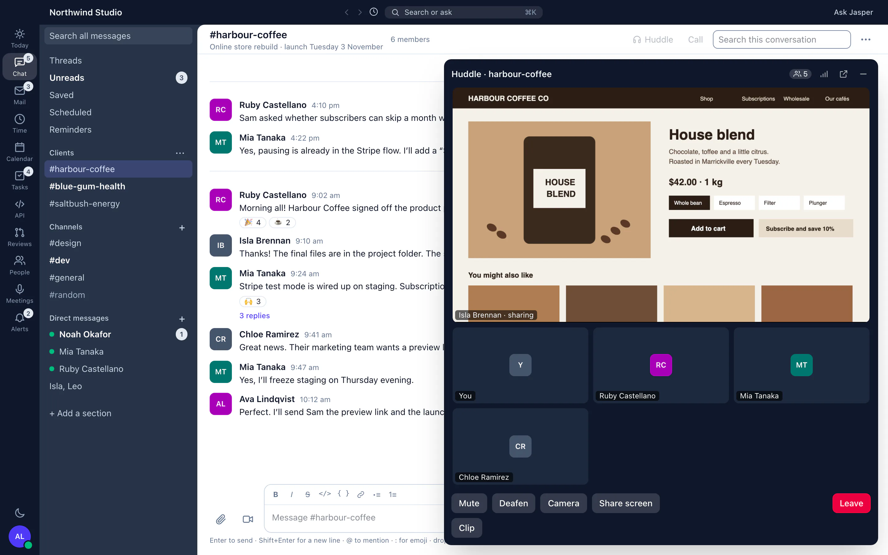 Jasper Chat in the desktop app: a client channel with a huddle in progress, one person sharing their screen