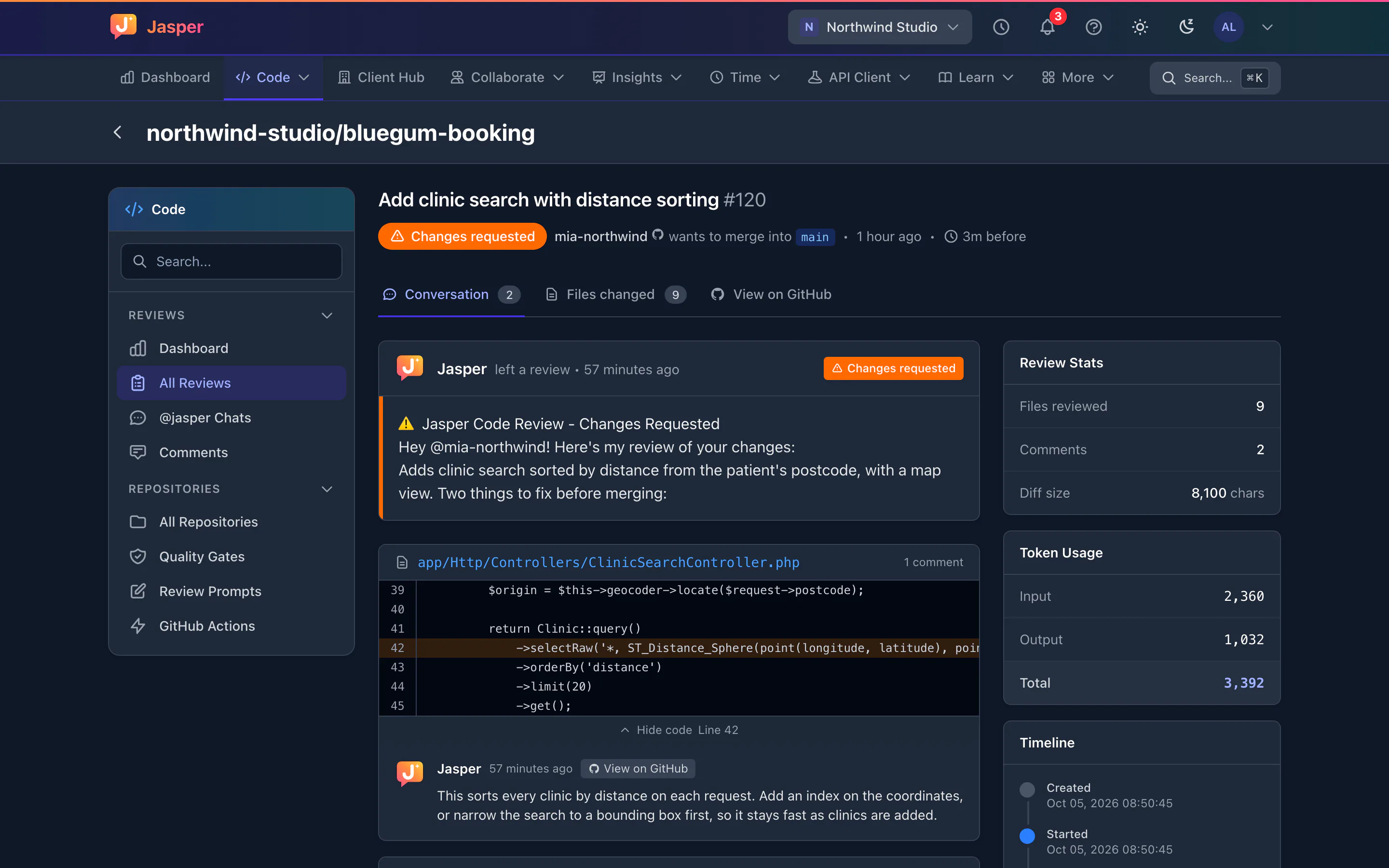 Pull request review with changes requested and a comment beside the highlighted line of code