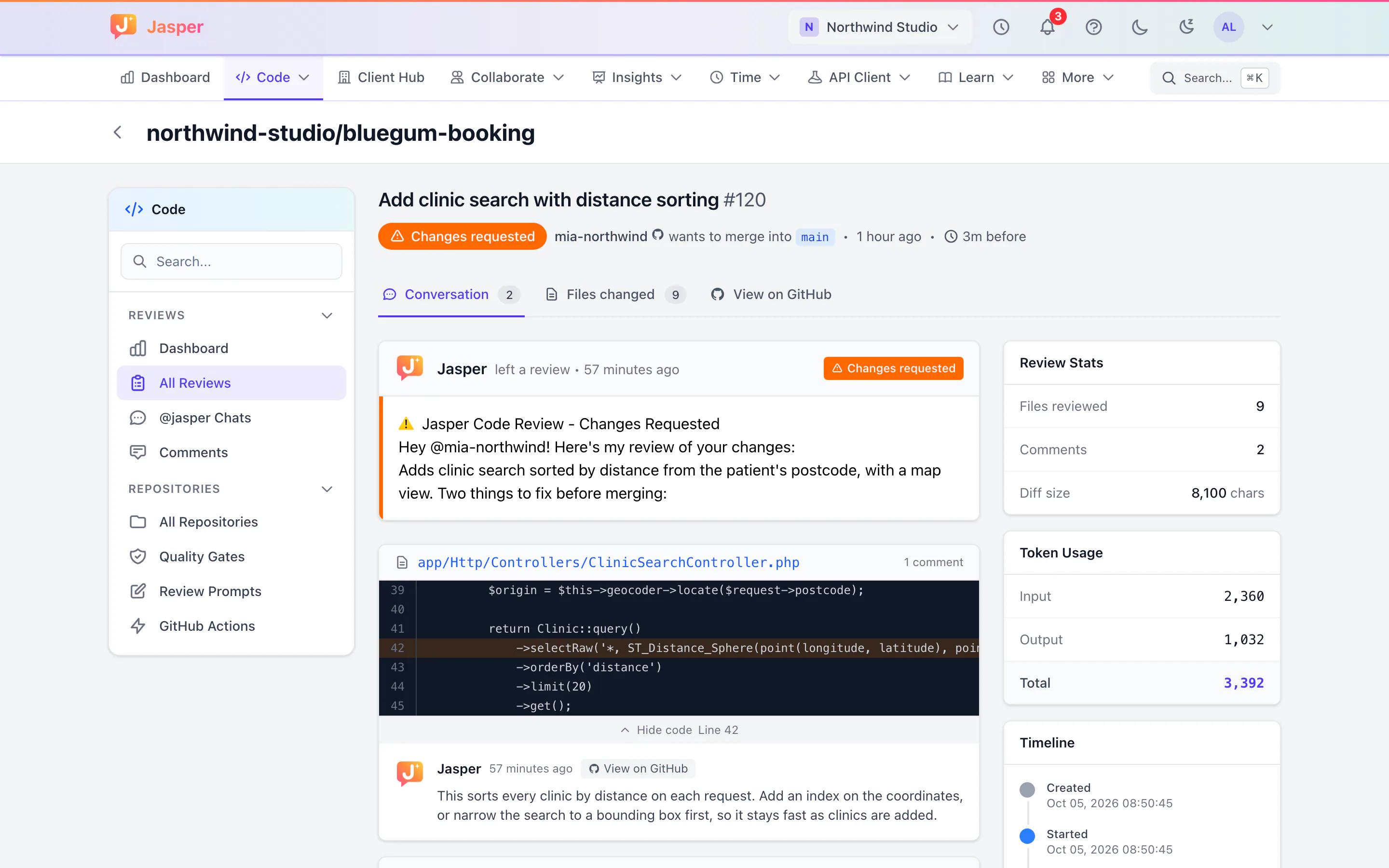 Pull request review with changes requested and a comment beside the highlighted line of code