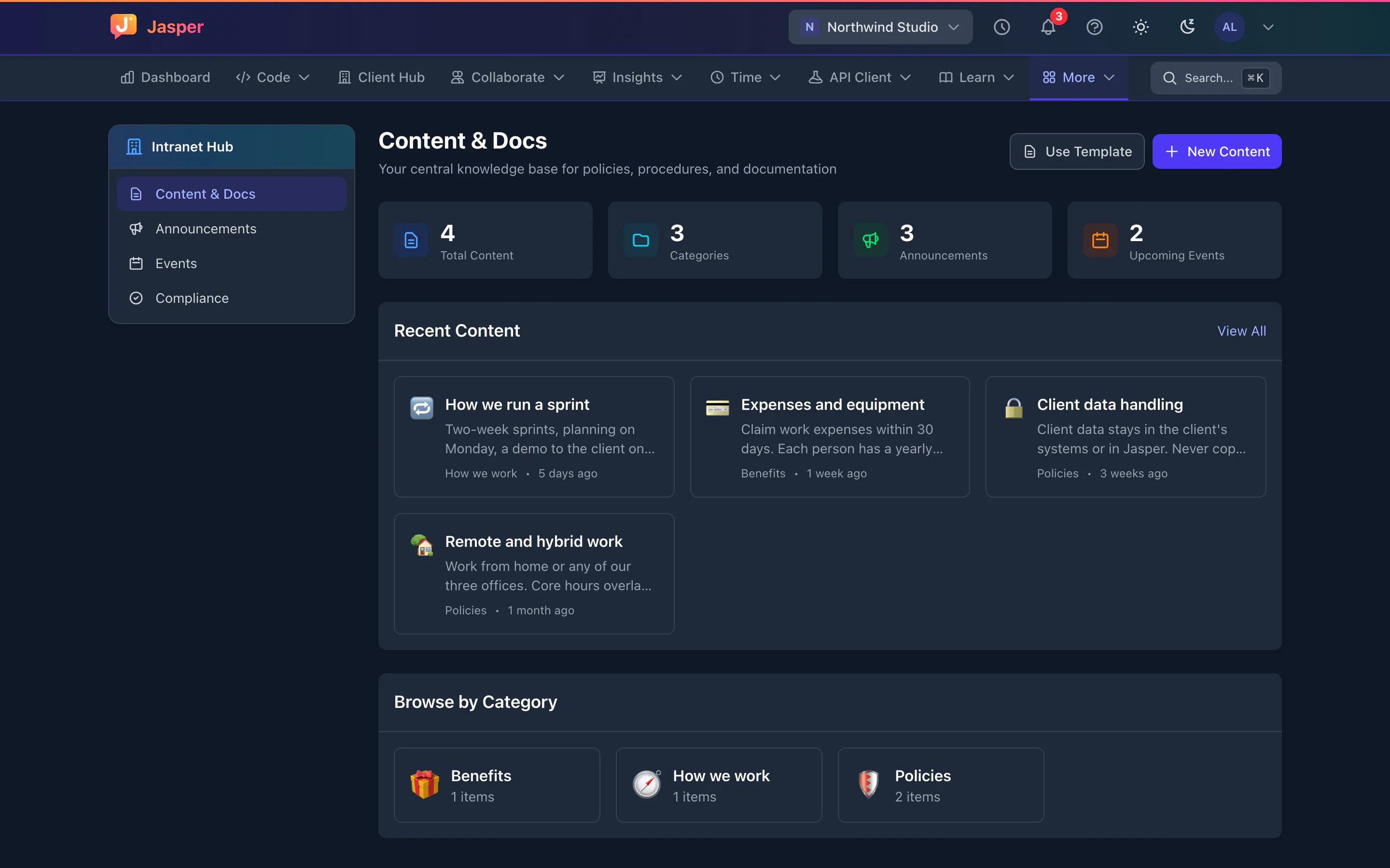 Intranet home with counts of content, announcements and upcoming events, recent policies and categories