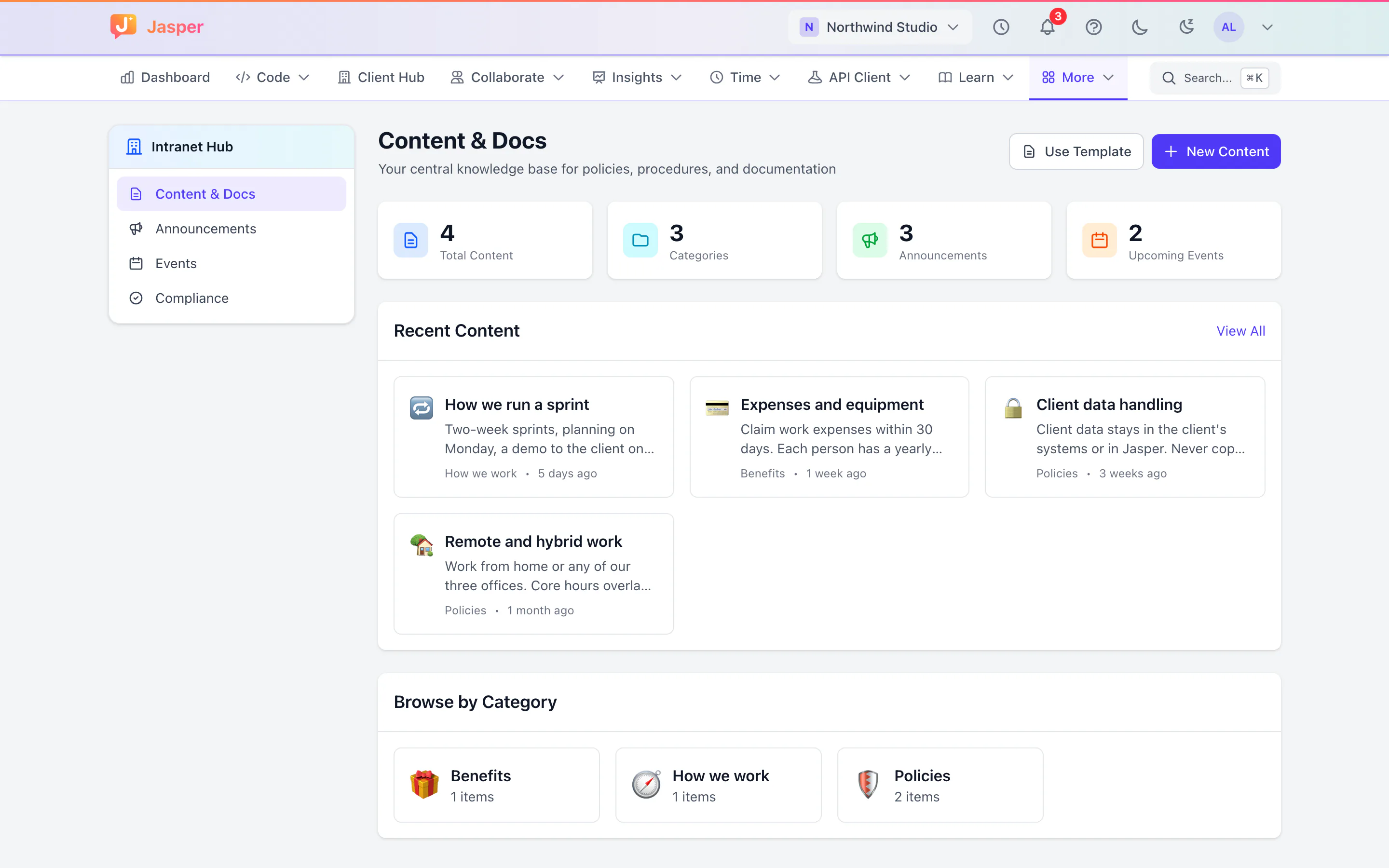 Intranet home with counts of content, announcements and upcoming events, recent policies and categories