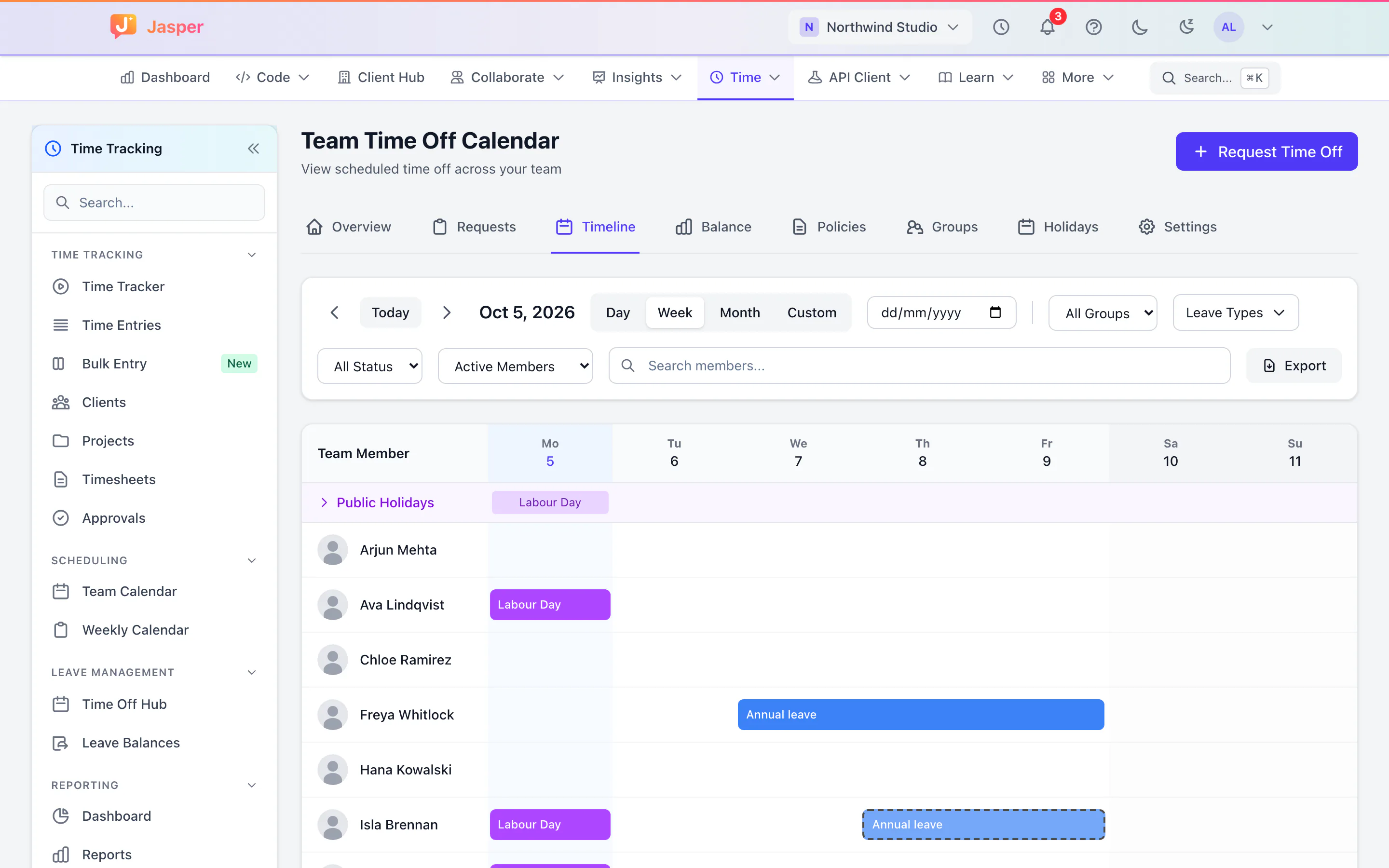 Team time-off timeline for one week, with a Sydney public holiday, approved annual leave and a pending request