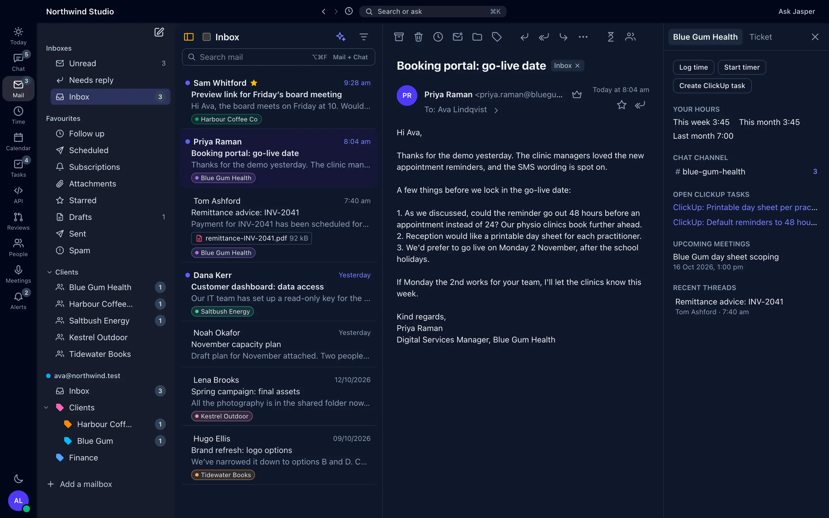 Jasper Mail with client folders, and a client's email beside your hours on that client and its open ClickUp tasks