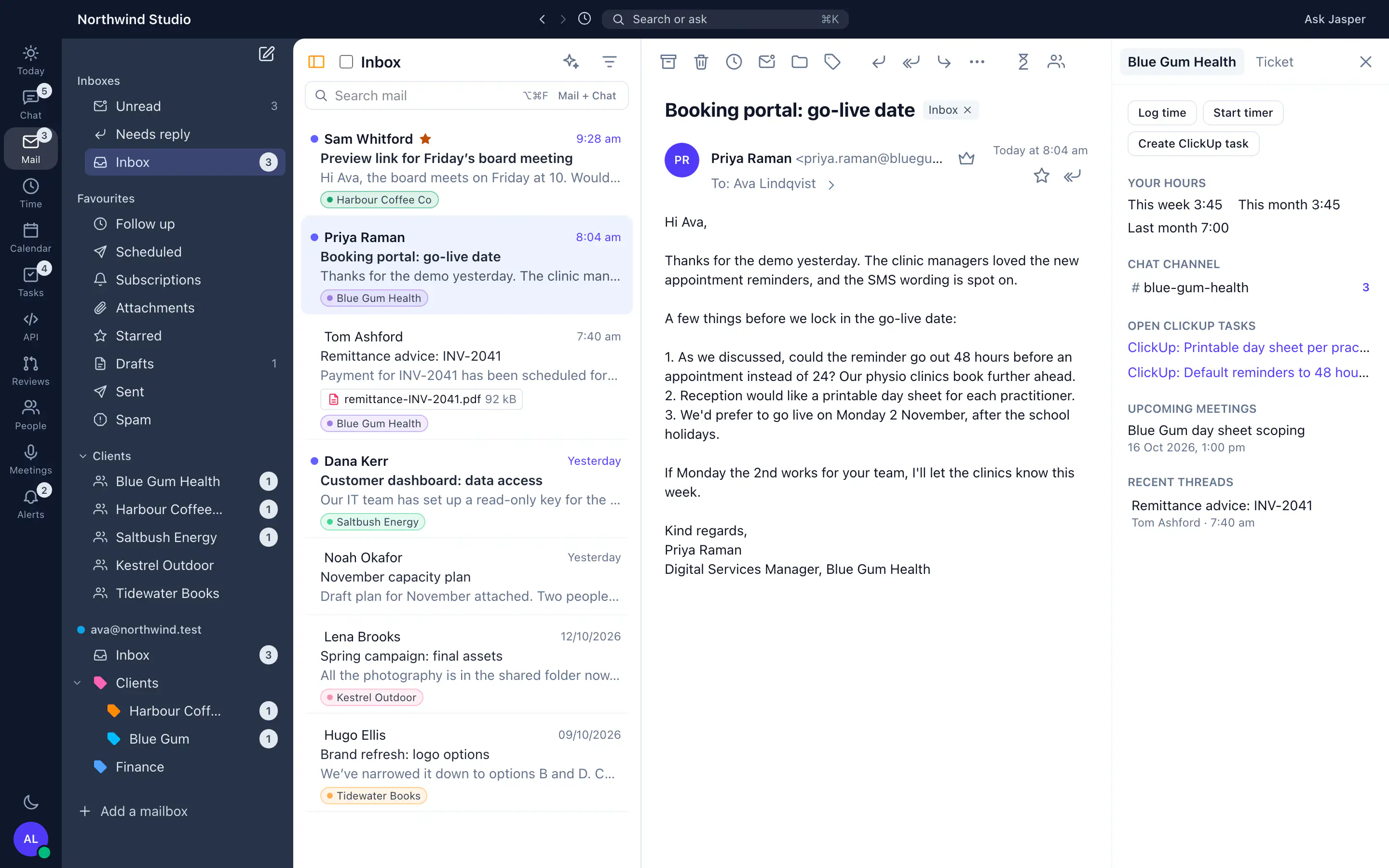 Jasper Mail with client folders, and a client's email beside your hours on that client and its open ClickUp tasks