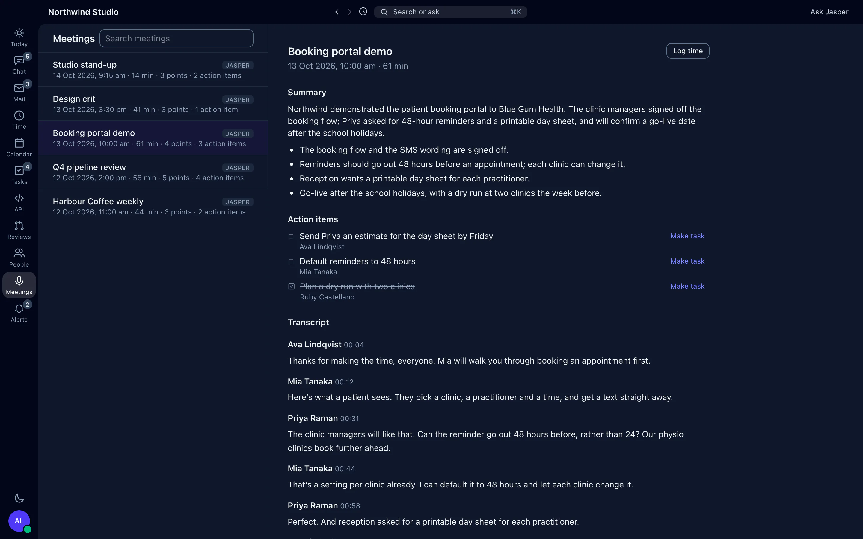Jasper Meetings in the desktop app, showing a recorded call's summary, action items and a transcript with each speaker's name