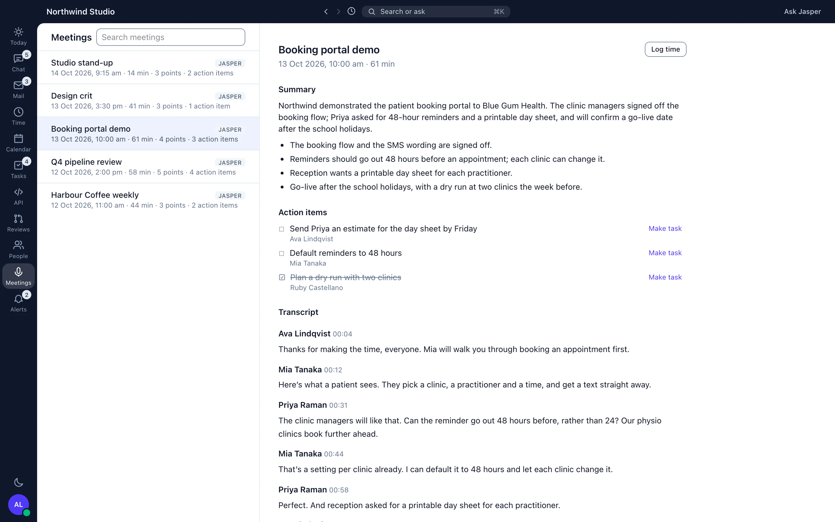 Jasper Meetings in the desktop app, showing a recorded call's summary, action items and a transcript with each speaker's name