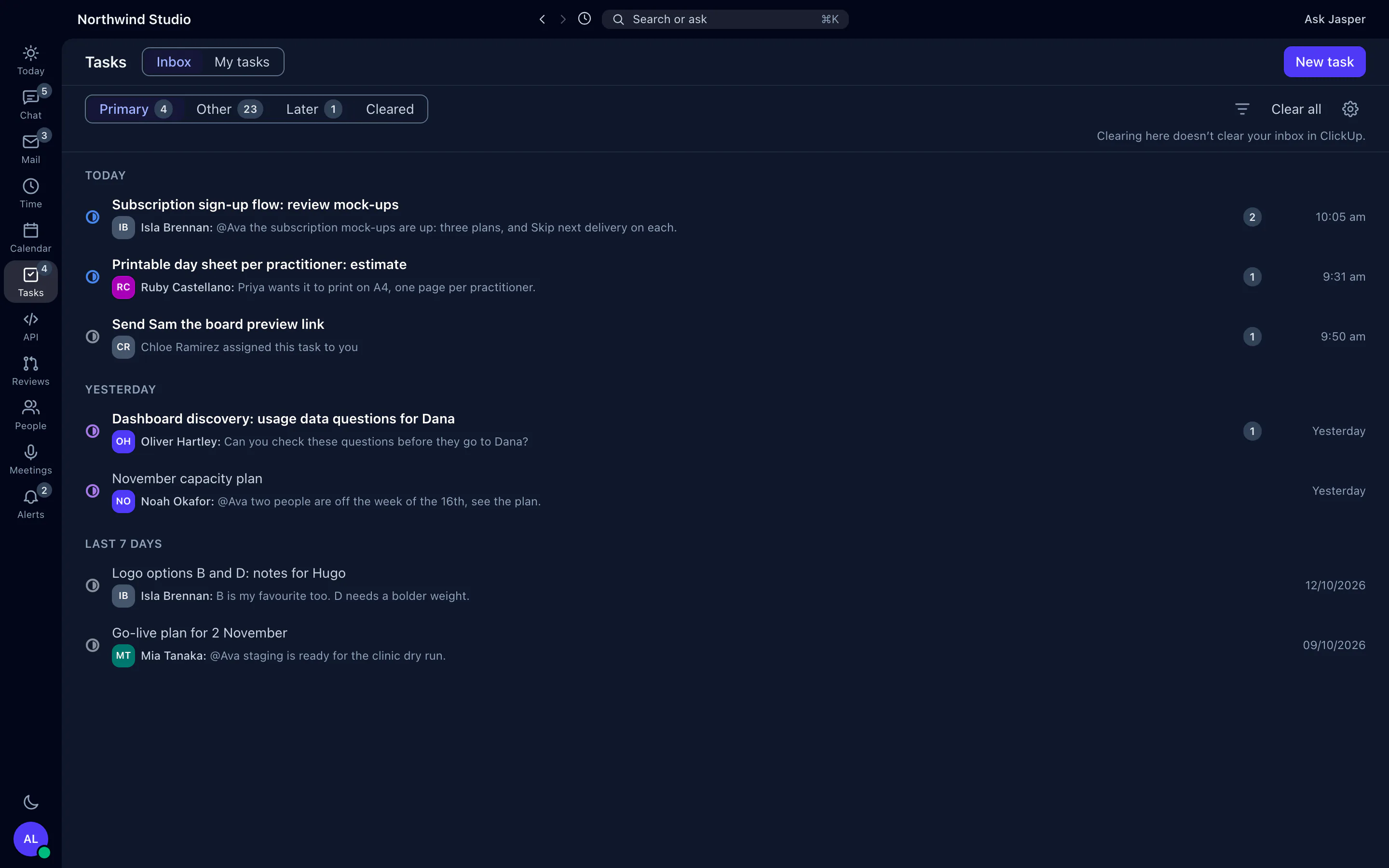 Jasper Tasks in the desktop app: the ClickUp task inbox, sorted into Primary, Other and Later