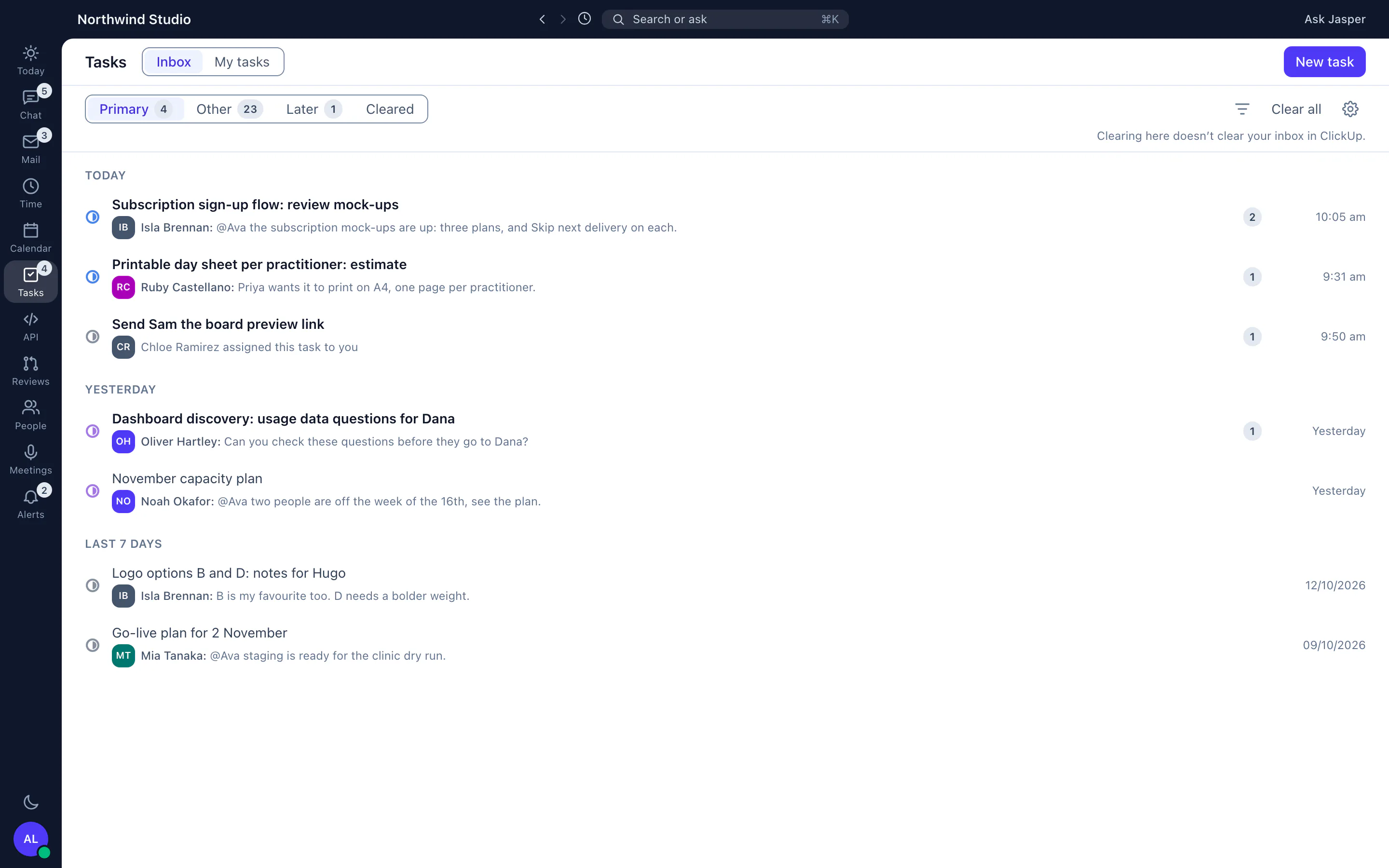 Jasper Tasks in the desktop app: the ClickUp task inbox, sorted into Primary, Other and Later