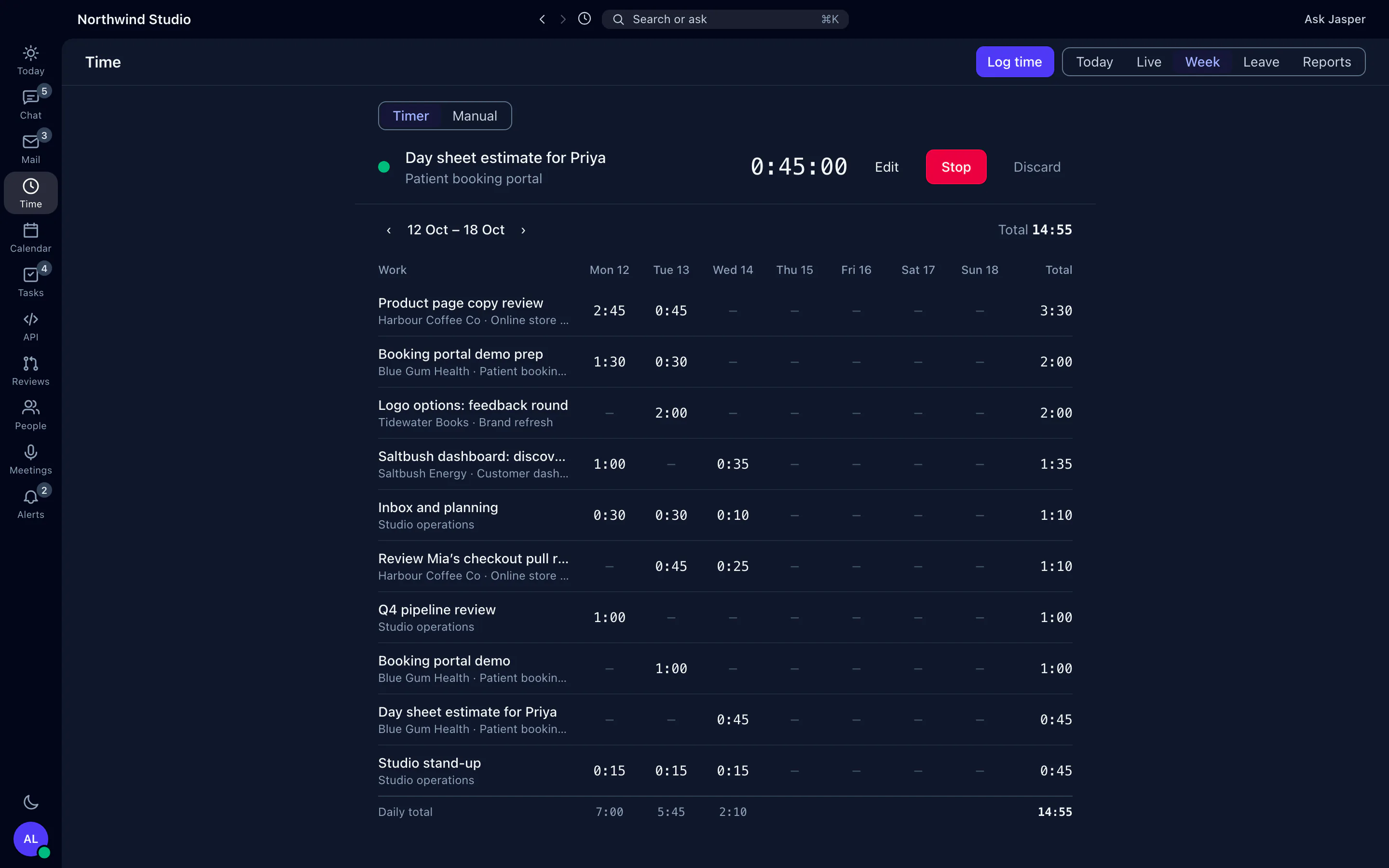 Jasper Time in the desktop app: a running timer and a week of time entries by client and project