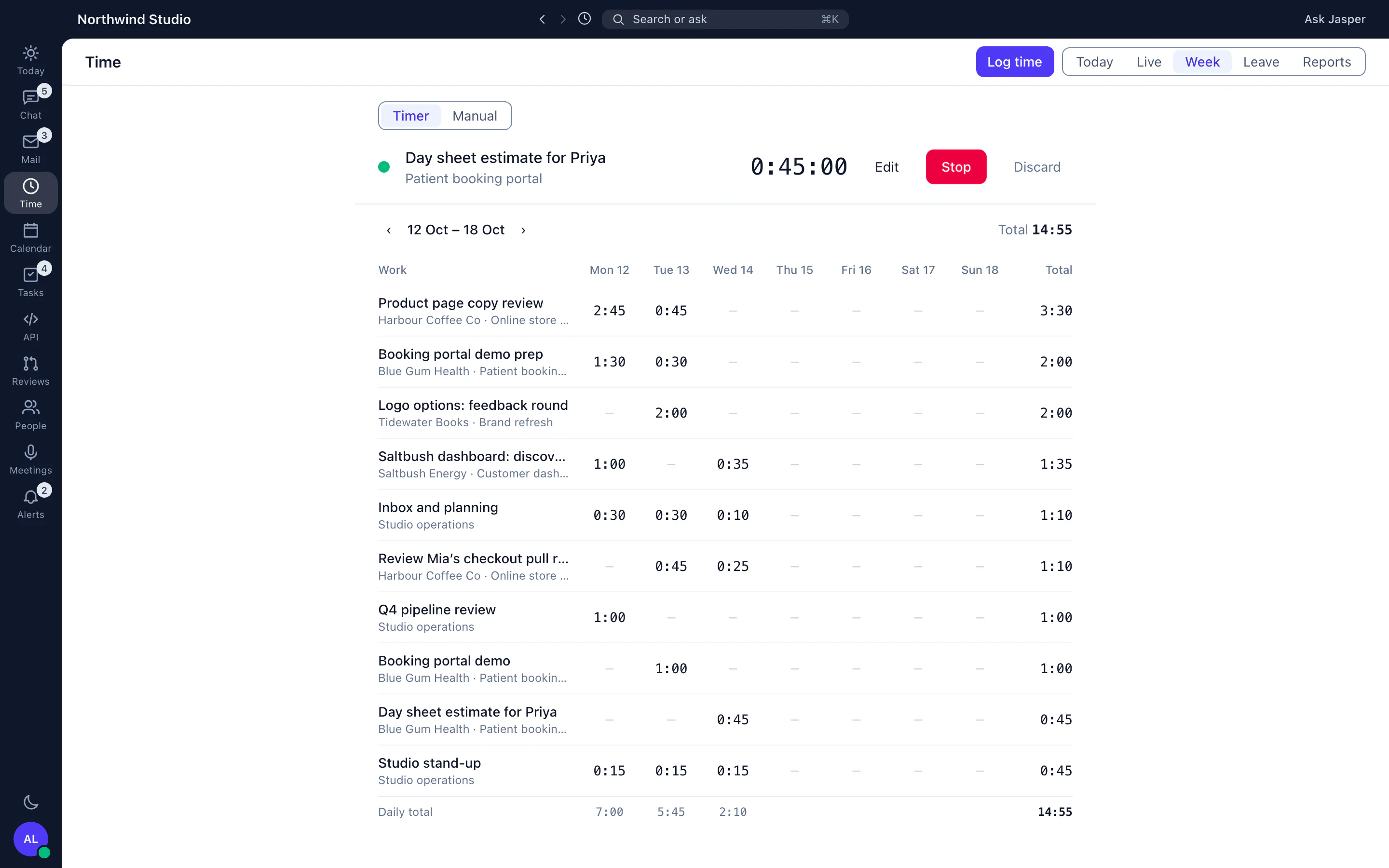 Jasper Time in the desktop app: a running timer and a week of time entries by client and project