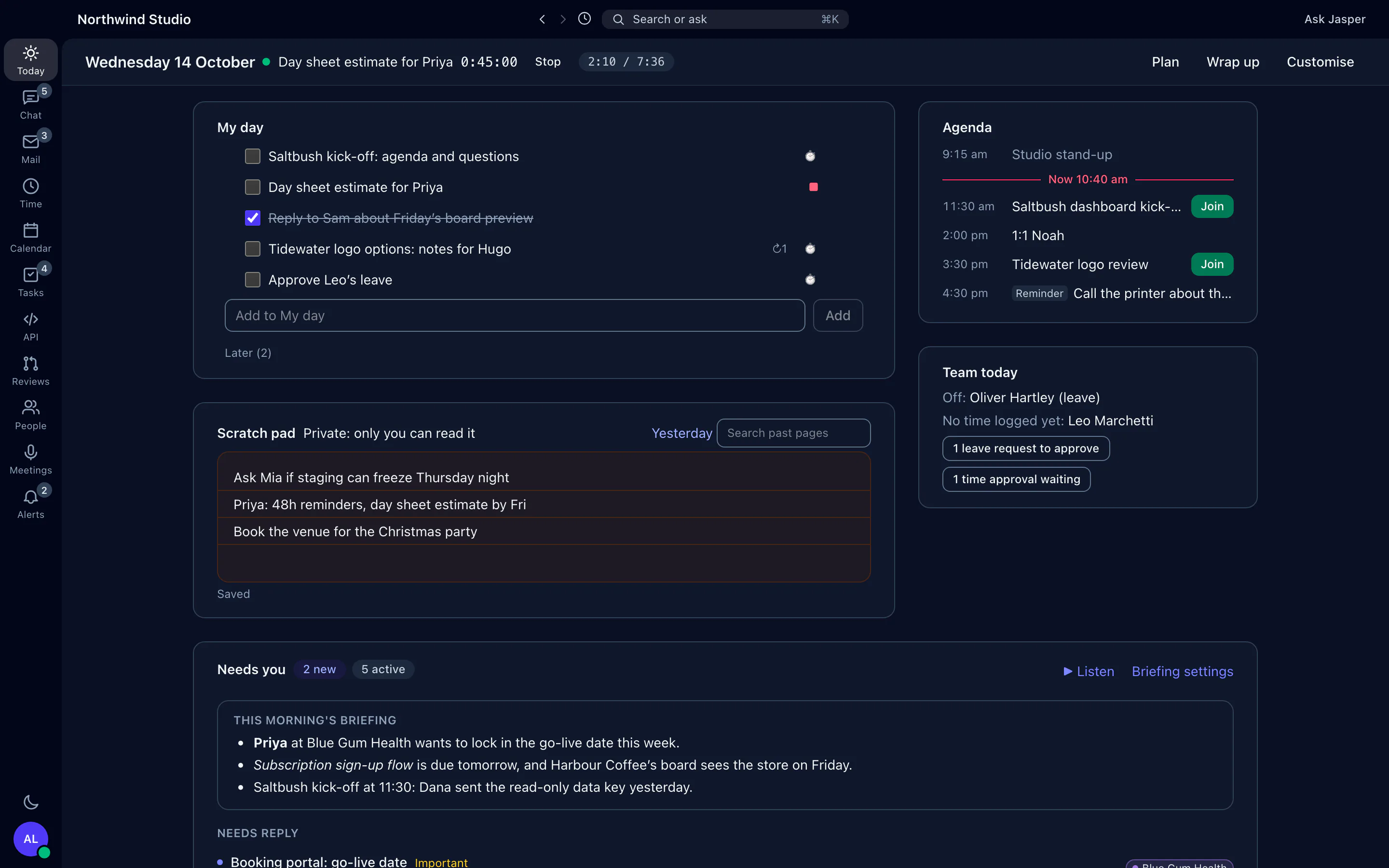 The Jasper desktop app's Today view: My day, a private scratch pad, the agenda, the team's day and what needs you, beside the sidebar for chat, mail, time, calendar, tasks, the API client, reviews and meetings