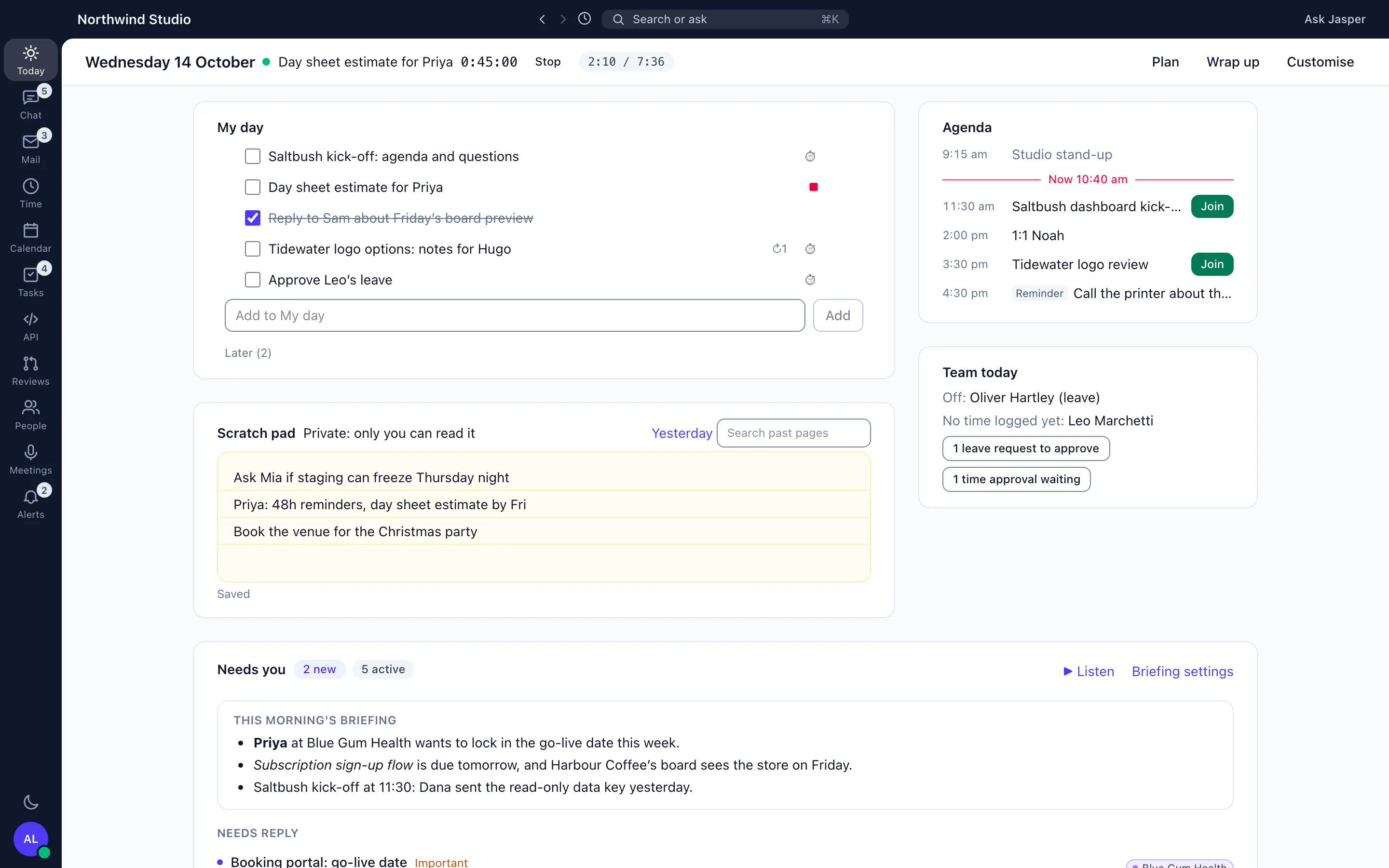 The Jasper desktop app's Today view: My day, a private scratch pad, the agenda, the team's day and what needs you, beside the sidebar for chat, mail, time, calendar, tasks, the API client, reviews and meetings
