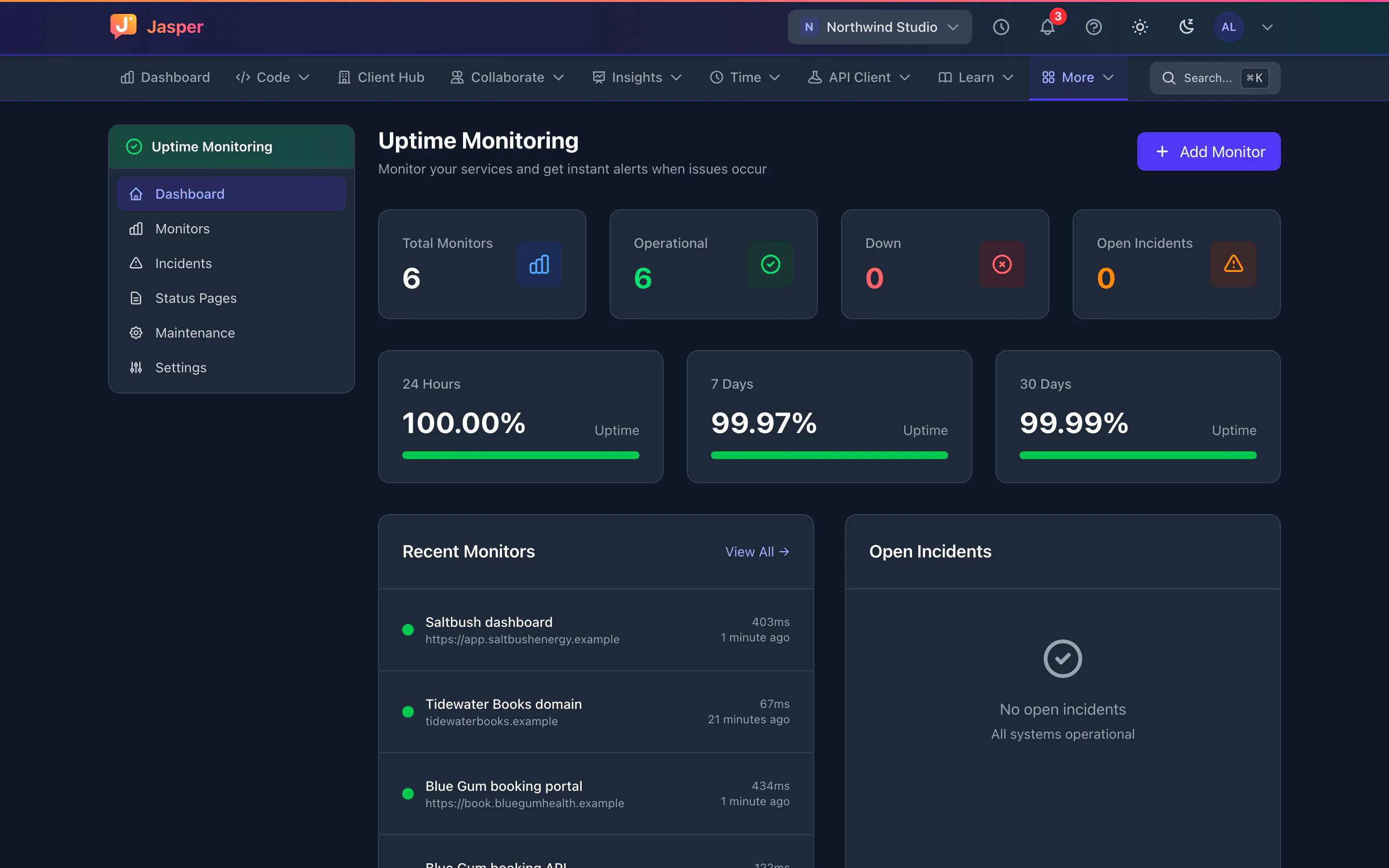 Uptime dashboard with six website monitors up and uptime for 24 hours, 7 days and 30 days