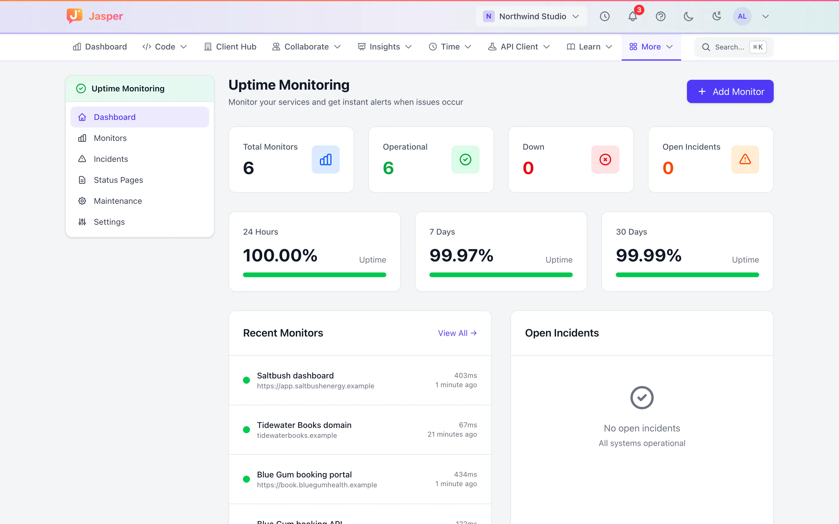 Uptime dashboard with six website monitors up and uptime for 24 hours, 7 days and 30 days
